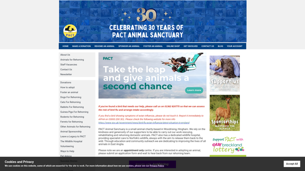 Screenshot of the People For Animal Care Trust (Pact) website