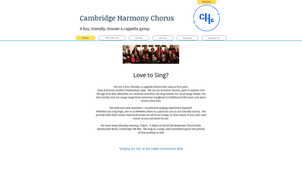 Screenshot of the Cambridge Harmony Chorus website
