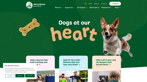 Screenshot of the Jerry Green Dog Rescue website
