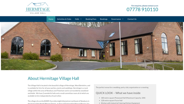 Screenshot of the Hermitage Village Hall CIO website