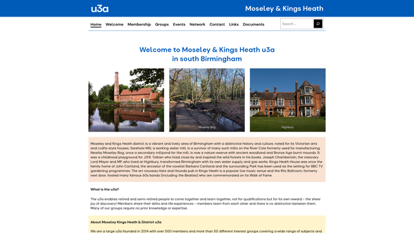 Screenshot of the Moseley, Kings Heath & District U3A website