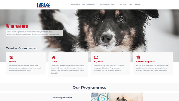 Screenshot of the Lapa Helping Animals In Russia website
