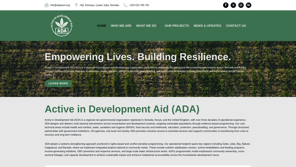 Screenshot of the Active In Development Aid (Ada) website