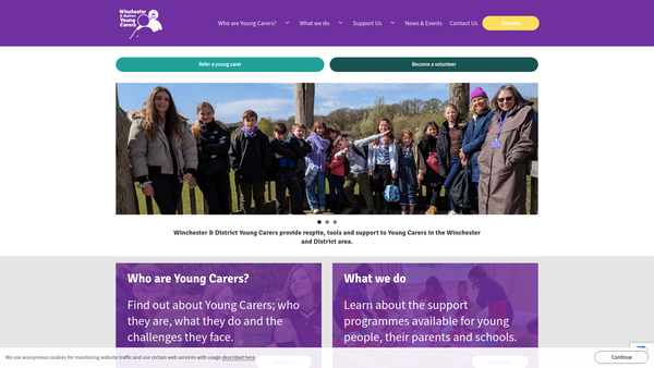 Screenshot of the Winchester & District Young Carers website