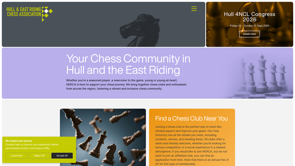 Screenshot of the Hull and East Riding Chess Association website