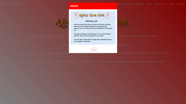 Screenshot of the Abbey Gym Club website