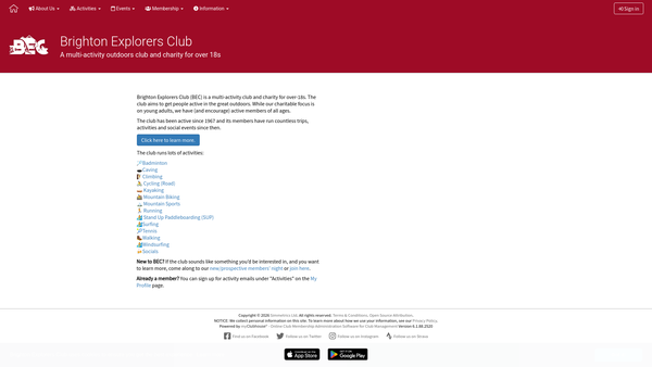 Screenshot of the Brighton Explorers Club website