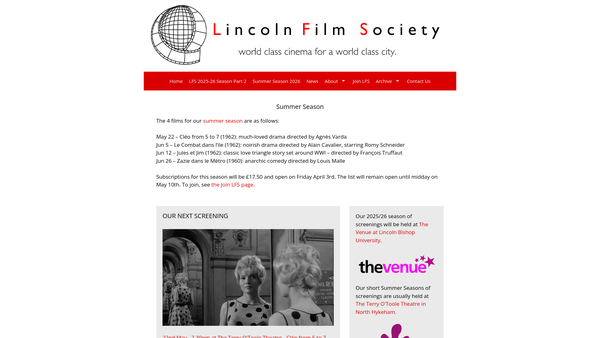 Screenshot of the Lincoln Film Society website