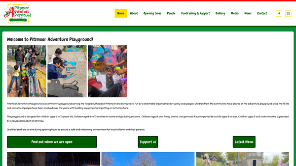 Screenshot of the Pitsmoor Adventure Playground website