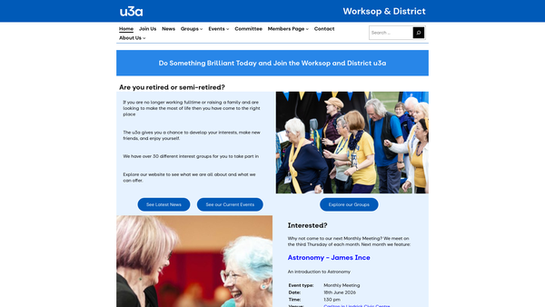 Screenshot of the Worksop And District U3A website
