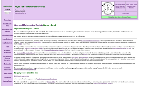 Screenshot of the Liverpool Mathematical Society Bursary Fund website