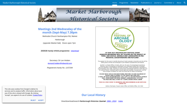 Screenshot of the Market Harborough Historical Society CIO website
