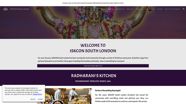 Screenshot of the International Society For Krishna Consciousness South London Ltd website