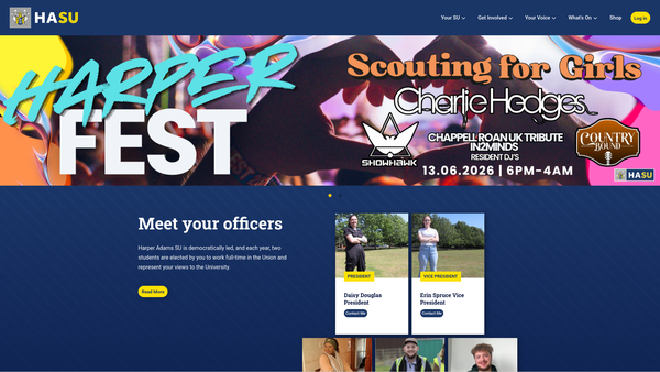 Screenshot of the The Harper Adams University Students' Union website