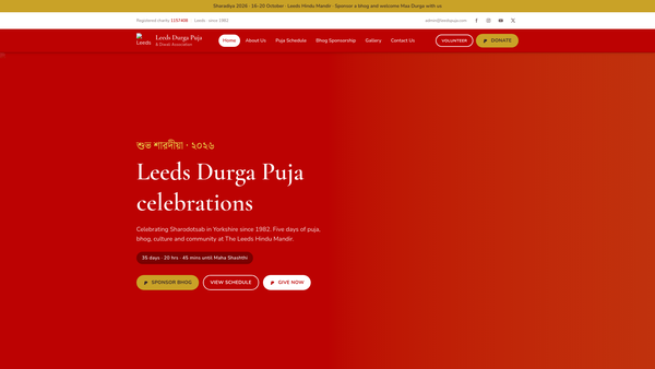 Screenshot of the Leeds Durgapuja And Diwali Association website