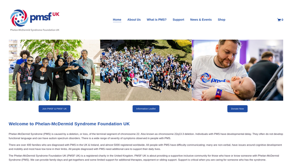 Screenshot of the Phelan-Mcdermid Syndrome Foundation UK website