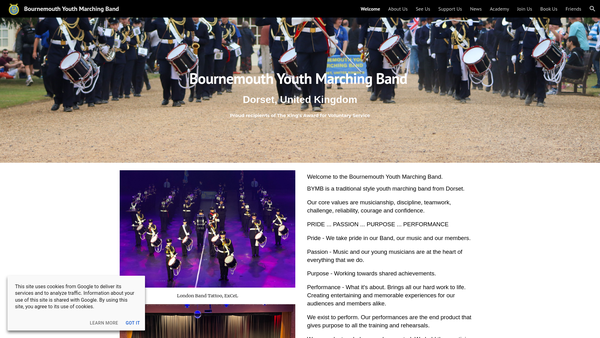 Screenshot of the Bournemouth Youth Marching Band website