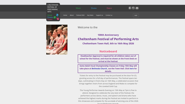 Screenshot of the The Cheltenham Festival Of Performing Arts website