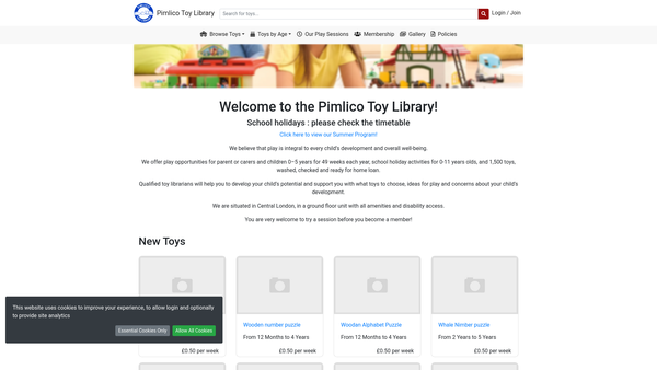 Screenshot of the Pimlico Family Workshop Toy Library website