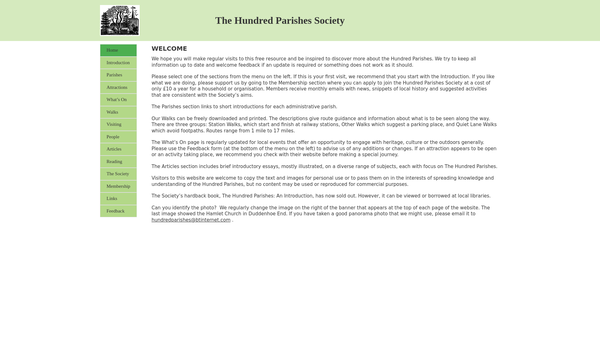 Screenshot of the The Hundred Parishes Society website