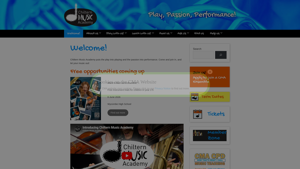Screenshot of the Chiltern Music Academy website