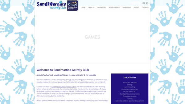 Screenshot of the Sandmartins Activity Club website