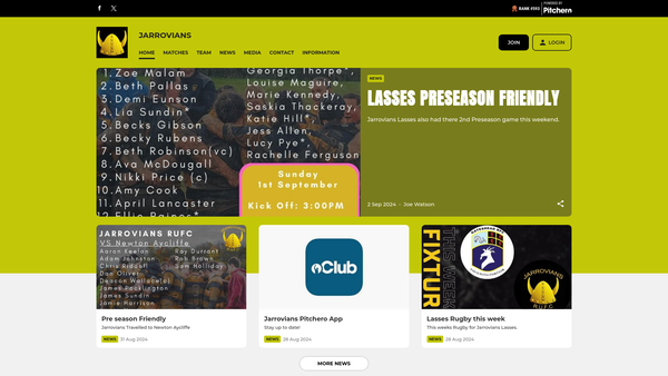 Screenshot of the Jarrovians Rugby Union Football Club Limited website
