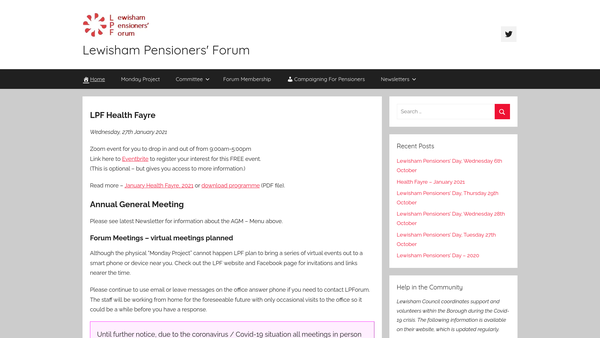 Screenshot of the Lewisham Pensioners Forum website