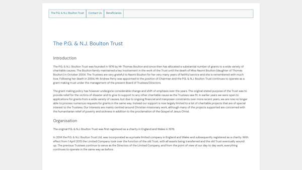 Screenshot of the The Pg & Nj Boulton Trust Limited website