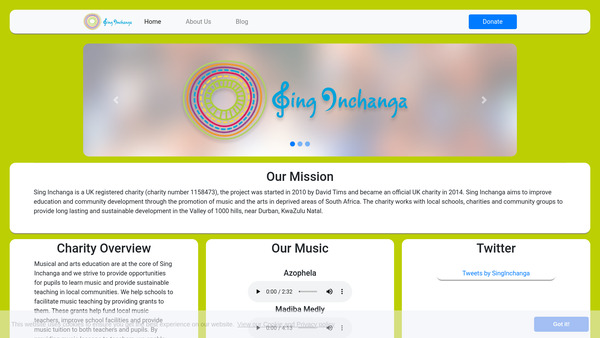 Screenshot of the Sing Inchanga website