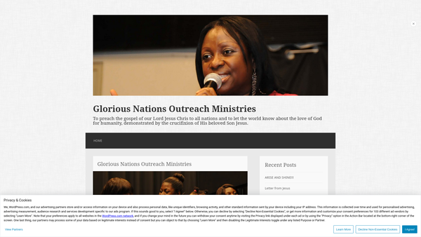 Screenshot of the Glorious Nations Outreach Ministries website