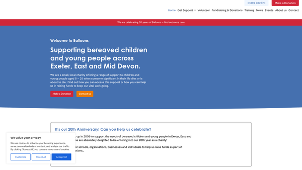 Screenshot of the Balloons (Devon) website