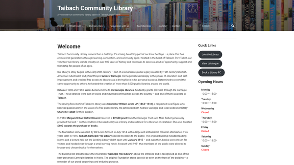 Screenshot of the Taibach Community Library website