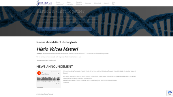 Screenshot of the Histiocytosis UK website