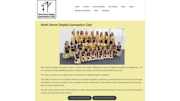 Screenshot of the North Devon Display Gymnastics Club website