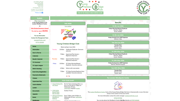 Screenshot of the The Young Chelsea Bridge Club Limited website