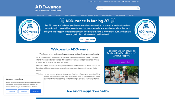 Screenshot of the The Add-Vance ADHD And Autism Trust website