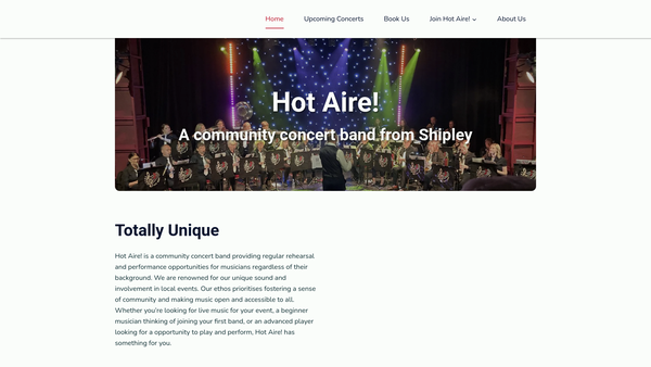 Screenshot of the Hot Aire Concert Band website