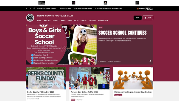 Screenshot of the Berks County Football Club website