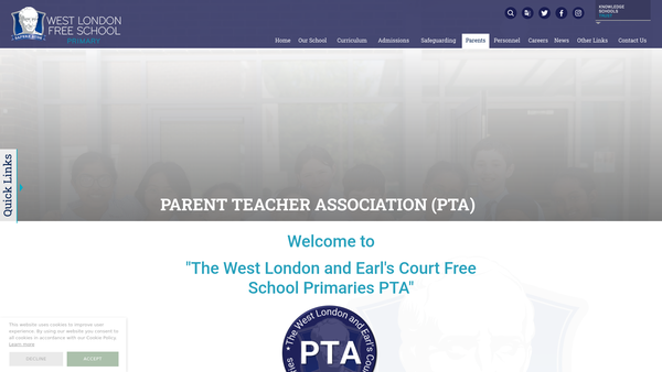 Screenshot of the West London and Earls Court Free School Primaries PTA website