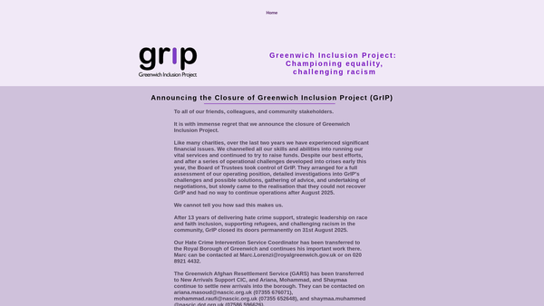 Screenshot of the Greenwich Inclusion Project (Grip) website