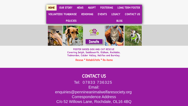Screenshot of the Pennine Animal Welfare Society website