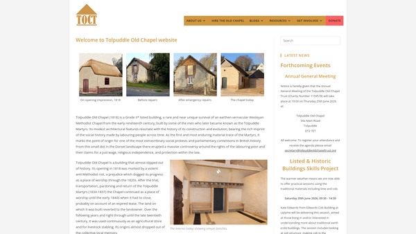 Screenshot of the Tolpuddle Old Chapel Trust website