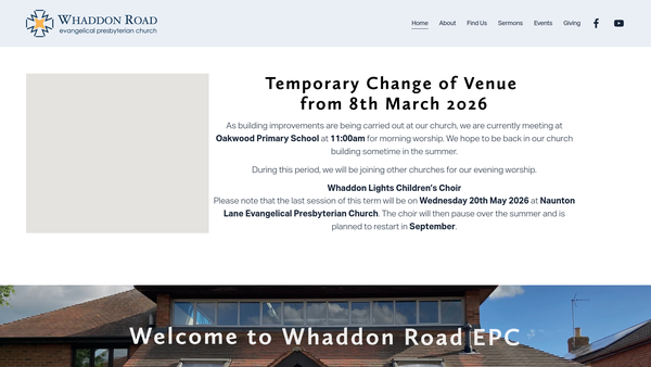 Screenshot of the Whaddon Road Evangelical Presbyterian Church website