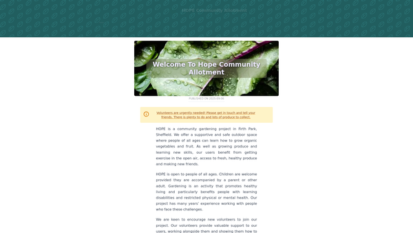 Screenshot of the Hope Community Allotment website