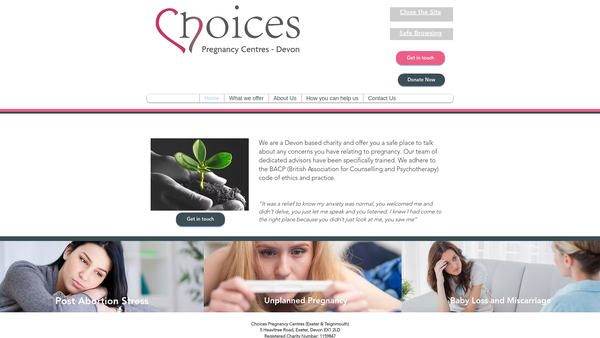 Screenshot of the Choices Pregnancy Centre Exeter website