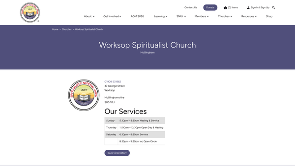 Screenshot of the Worksop Spiritualist Church website