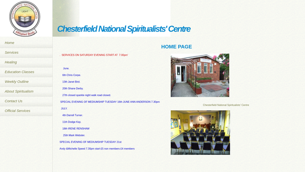 Screenshot of the Chesterfield National Spiritualist Centre. website