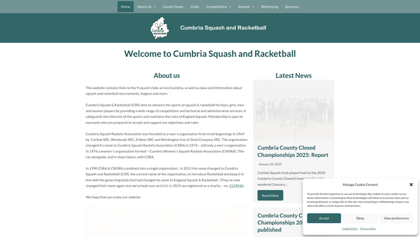 Screenshot of the Cumbria Squash And Racketball website