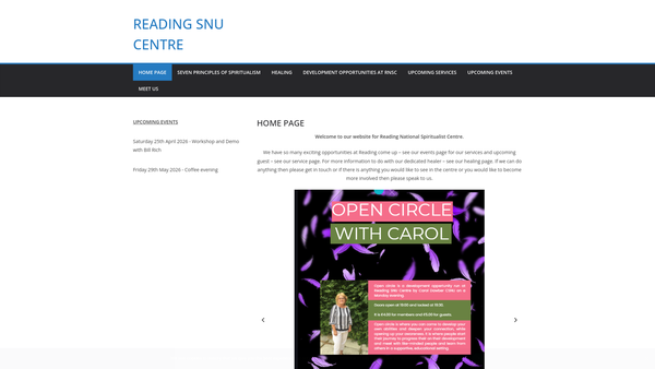 Screenshot of the Reading National Spiritualist Centre website